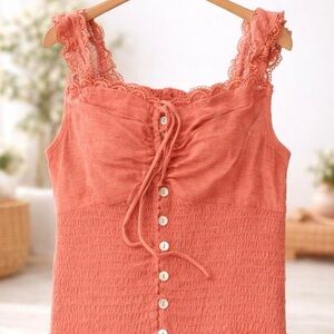 ILLA ILLA Coral Smocked Lace Strap Tank Top Button Front Boho Cami S
